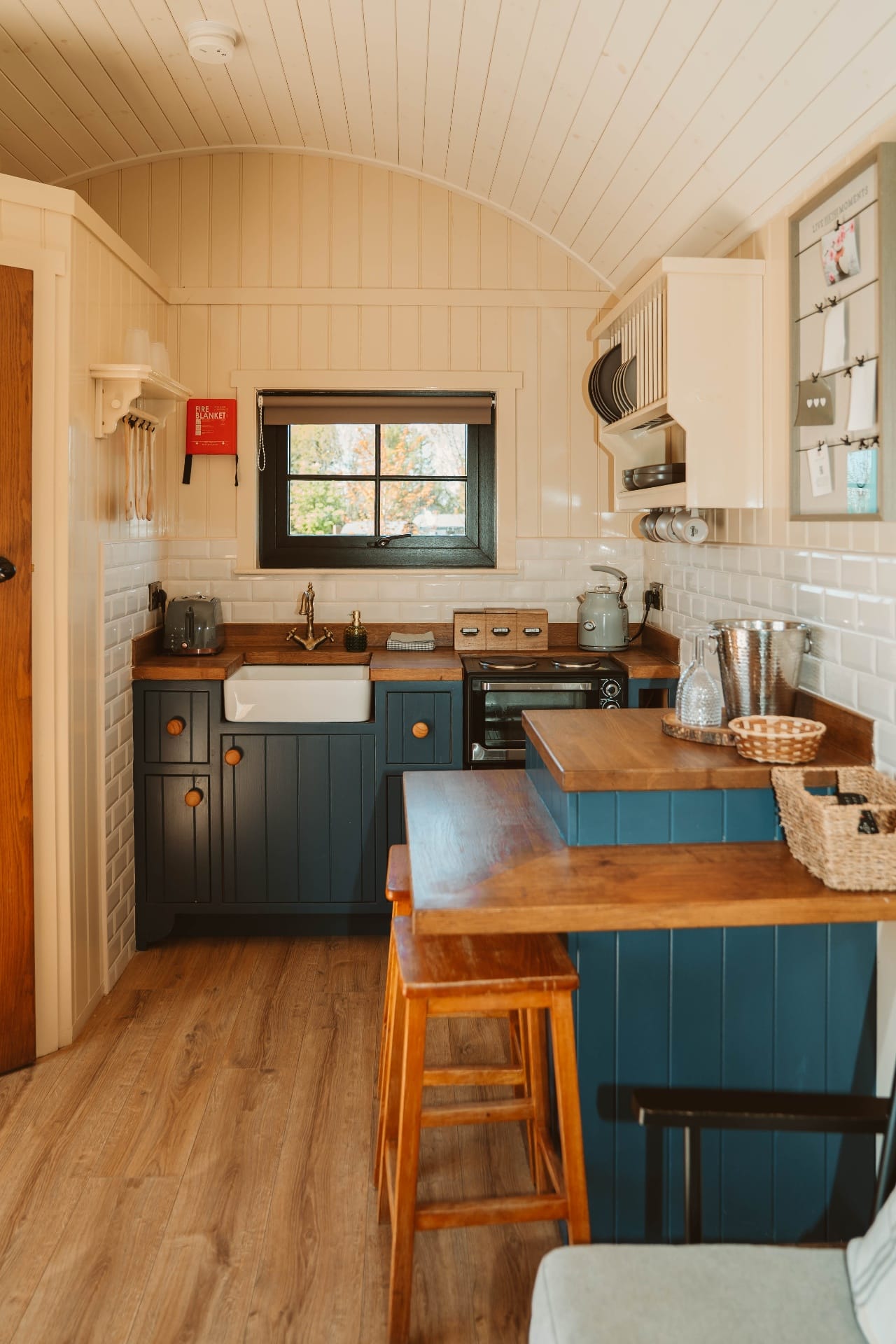 Shepherd's Hut kitchen and breakfast bar with Belfast sink