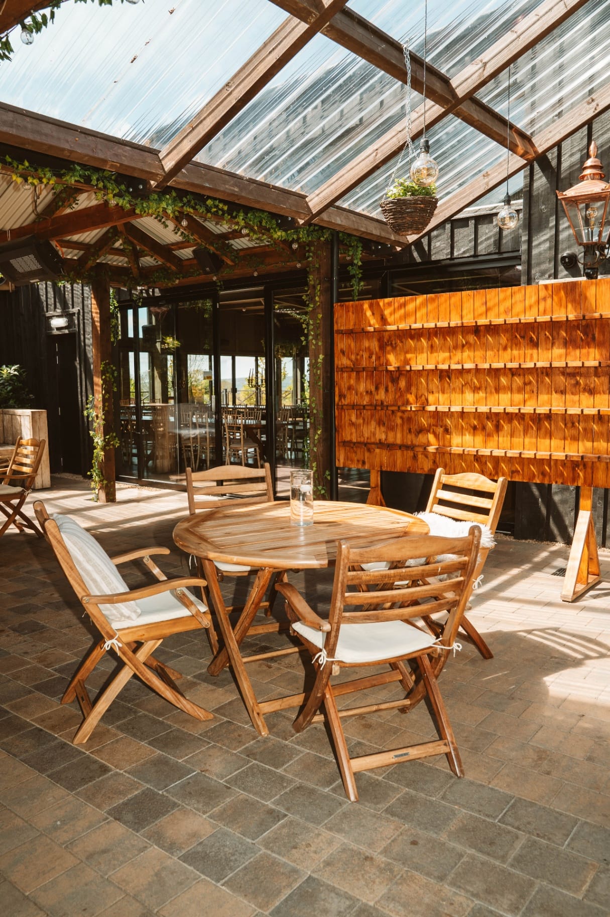 Outdoor terrace seating with views to the Sperrins