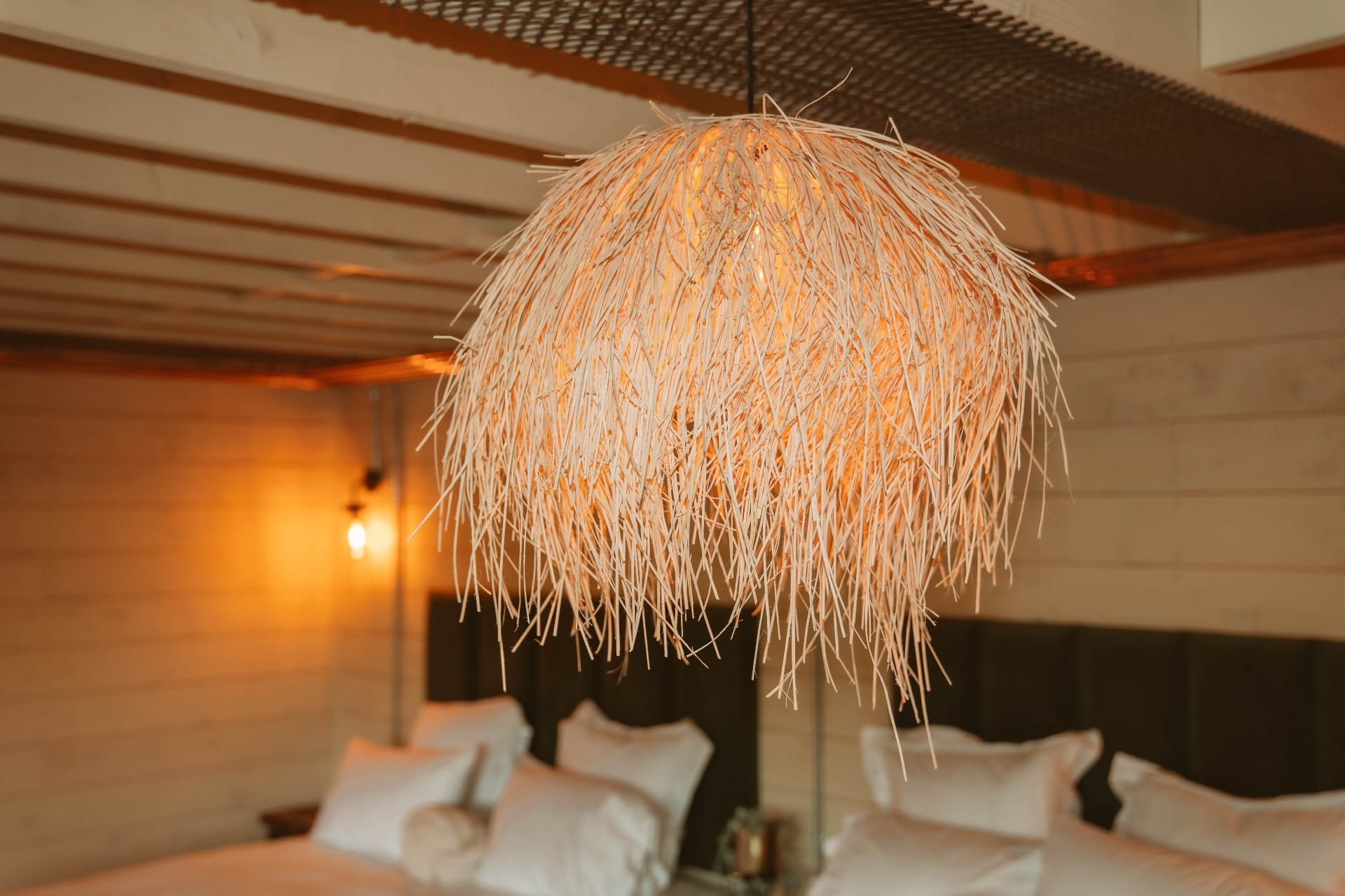 Treehouse Lookout raffia pendant detail above the twin bedroom