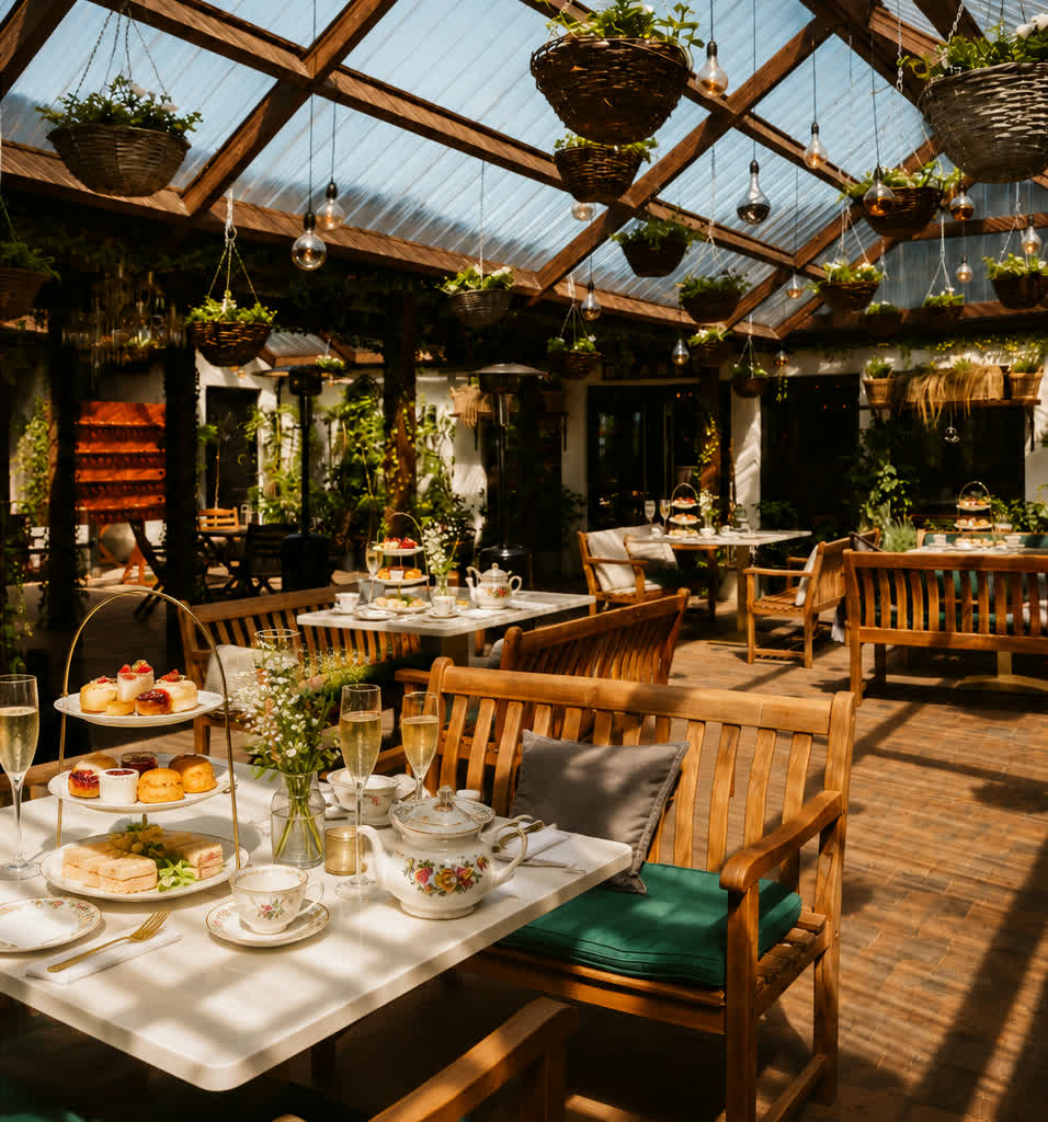Afternoon tea laid out in the sunlit orangery