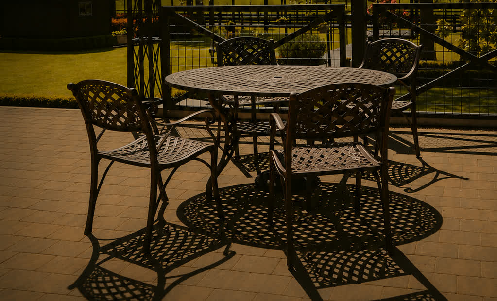 Terrace table and chairs looking out over the countryside at golden hour