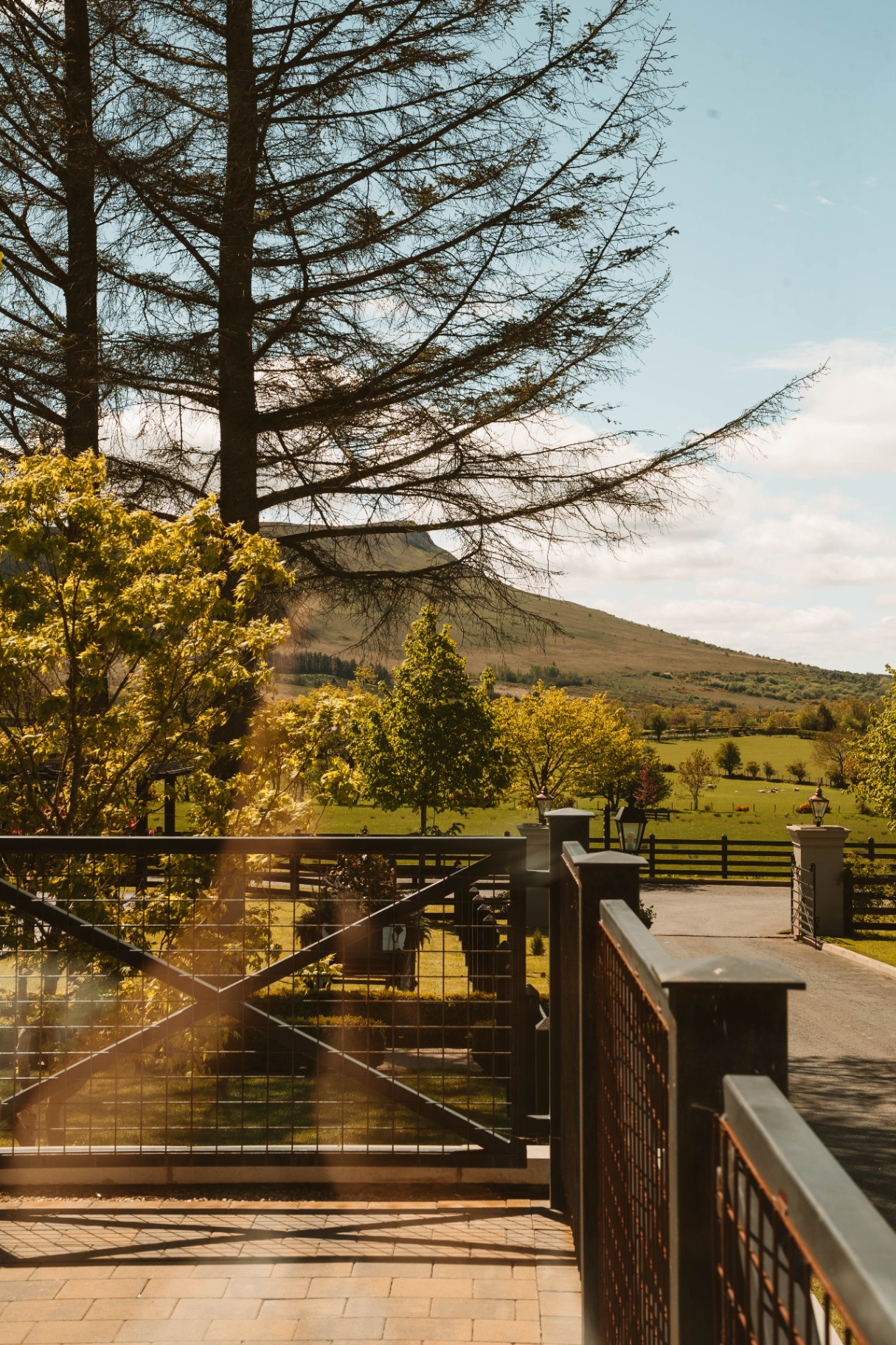 View through the gates towards Benbradagh mountain and the pastures beyond
