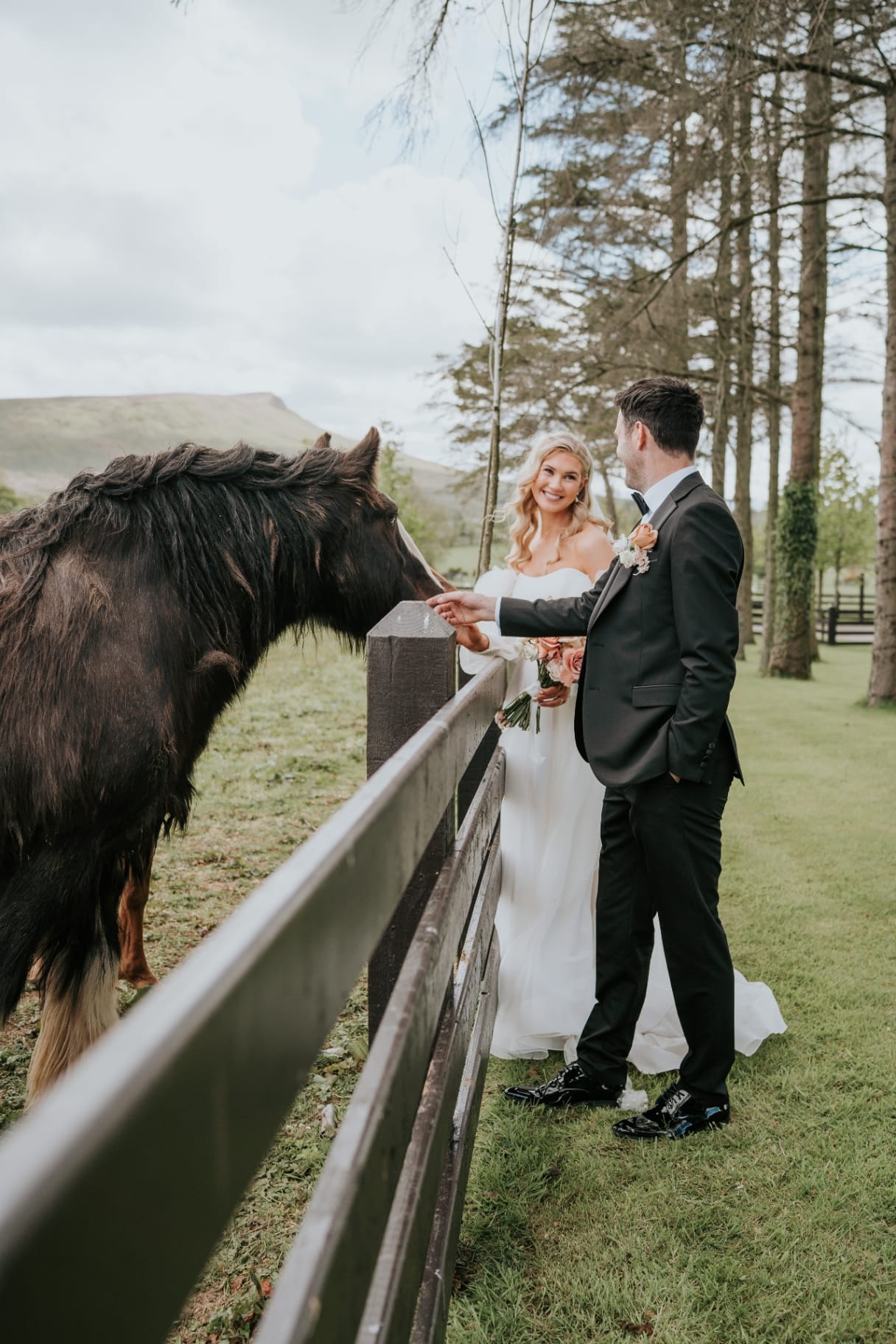 Bride and groom greeting a horse at the paddock fence