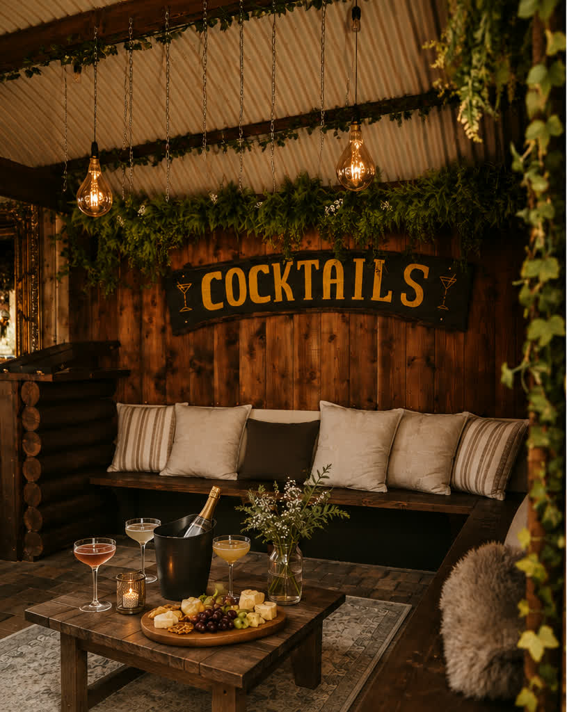 Cocktail hut with champagne, coupes and a sharing board under festoon lighting