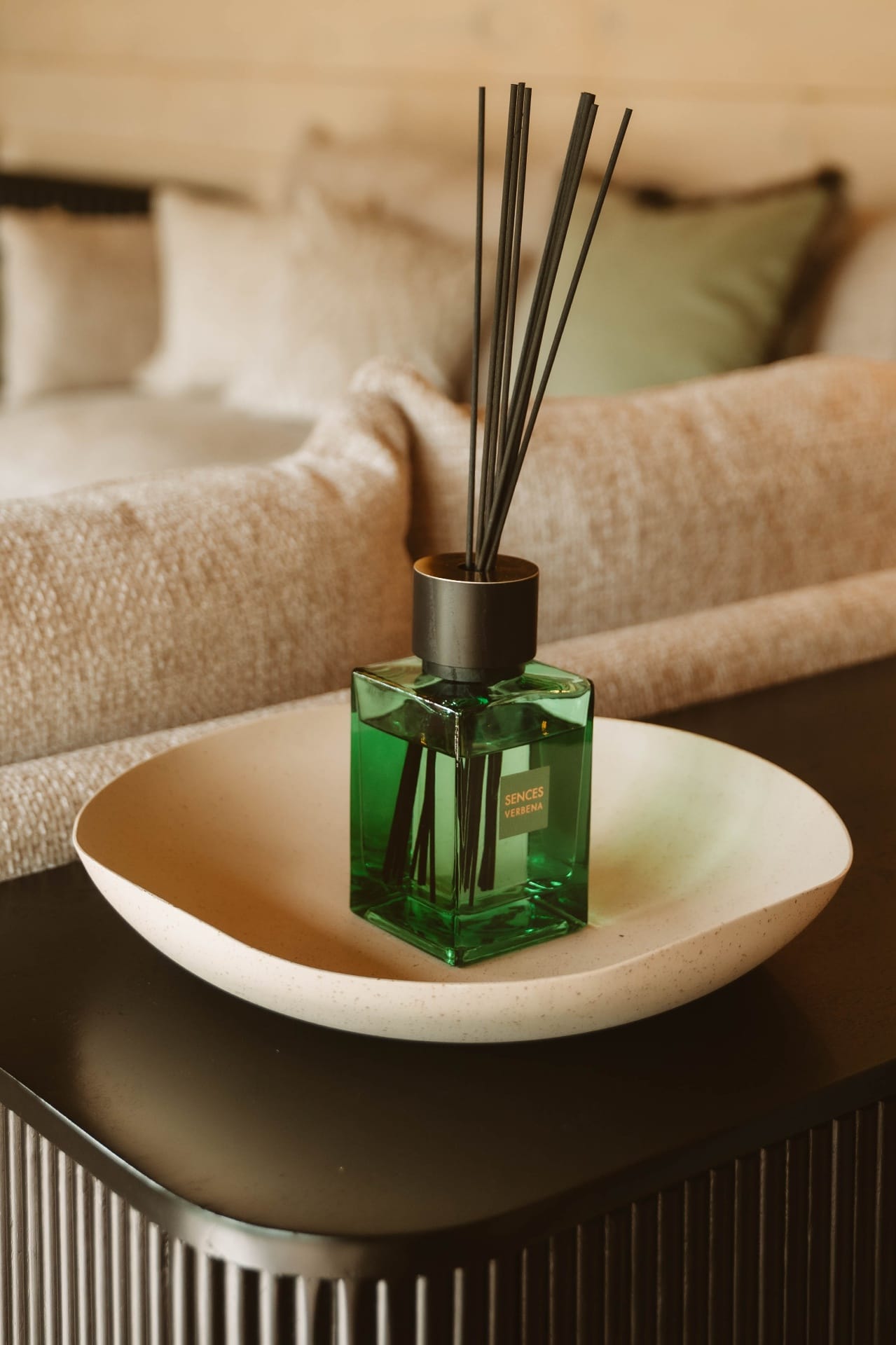 Treehouse Lookout Sences Verbena reed diffuser on a ceramic tray side-table detail