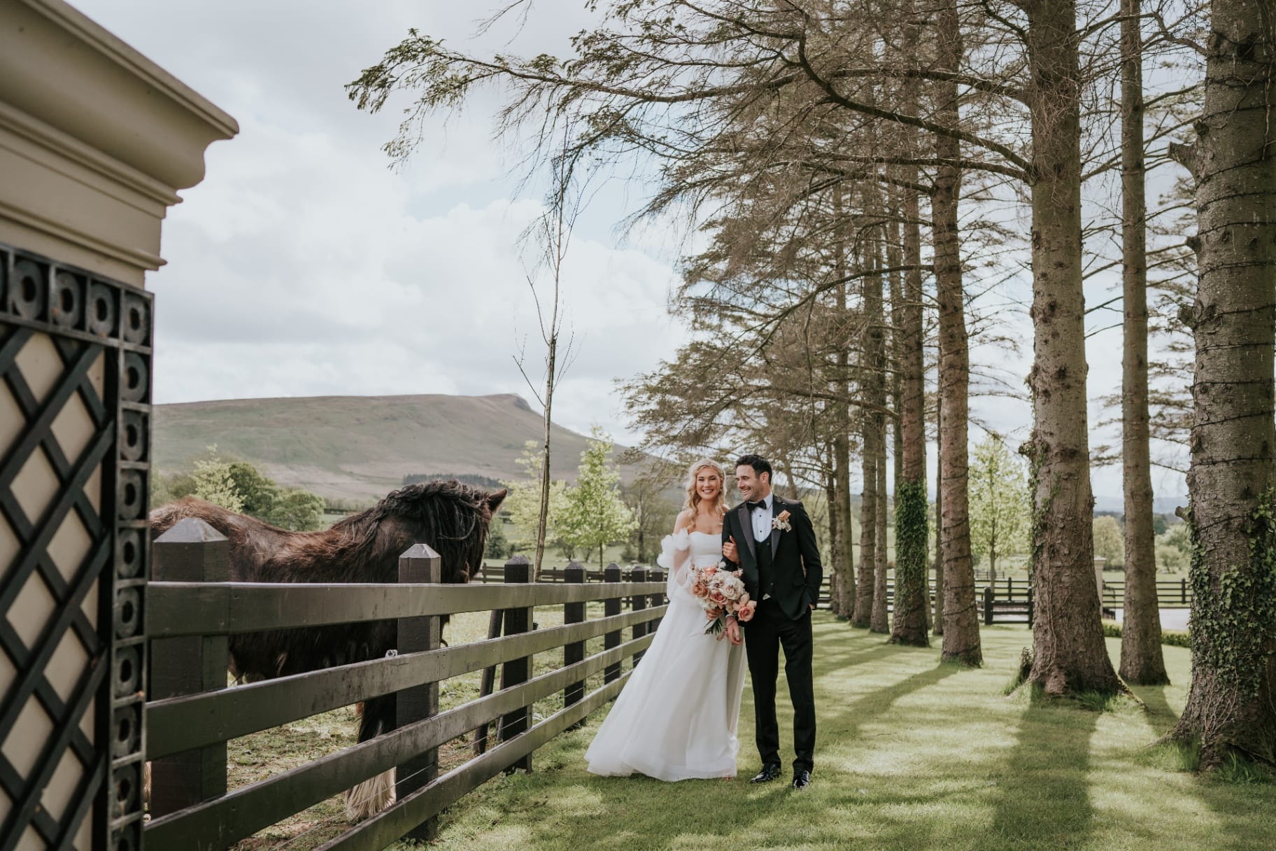 Bride and groom strolling the avenue beside the paddock and pony